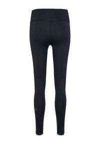 Svarte leggings med høy midje, glatt tekstur og en liten logo på den nedre venstre leggen. Tettsittende design, egnet for trening.