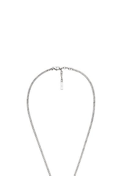 Collier en chaîne argentée avec un design fin entrelacé. Longueur ajustable avec un fermoir et un petit détail de pendentif. Finition métallique lisse.