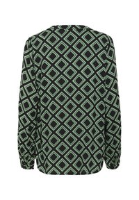 Blusa de manga larga con un fondo negro y un patrón geométrico de diamantes en verde y verde claro. Tejido suave y tejido, de corte relajado.