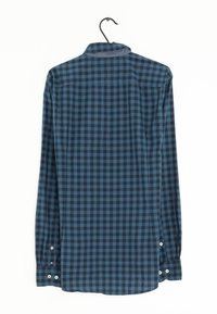 Langarm overhemd in een donkerblauwe en teal geruit patroon, met een kraag en knopen bij de manchetten. Gemaakt van lichte stof.