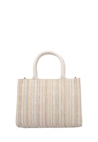 Texturierte Tragetasche mit cremefarbenen Griffen, die ein geflochtenes Design in pastellfarbenen Tönen aufweist, hauptsächlich in hellgelben, rosa und blauen Streifen.