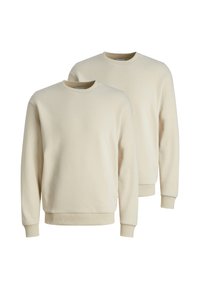 Twee lichtbeige sweatshirts met lange mouwen, ronde hals en ribgebreide manchetten. De stof lijkt zacht met een gladde textuur.