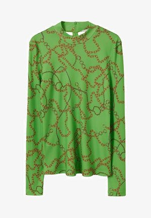 T-shirt à manches longues en tissu vert vif avec un imprimé chaîne en or et noir. Col montant avec une ouverture en forme de goutte d'eau à l'arrière. Texture lisse.