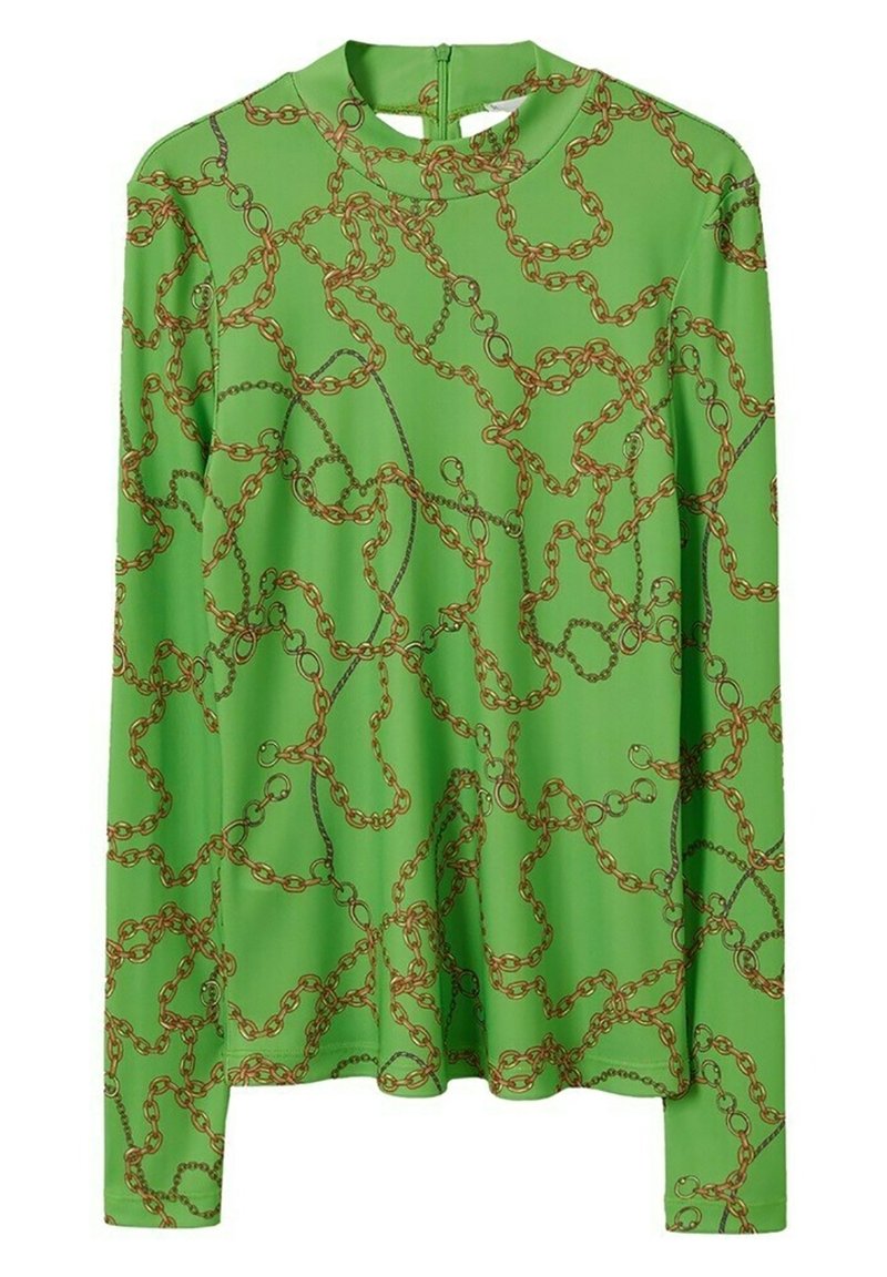 Langarmoberteil aus leuchtend grünem Stoff mit Kettenmuster in Gold und Schwarz. Hoher Kragen mit einem Schlüsselloch-Ausschnitt hinten. Glatte Textur.