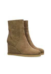 Brown suede wedge ankle boots with a rounded toe and smooth texture. Features a side cutout design and a rubber sole.
