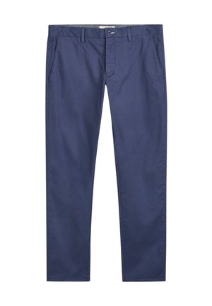 Laivansiniset chinot, joissa on sileä puuvillakangas, sivutaskut, suora lahje ja siisti, minimalistinen muotoilu.
