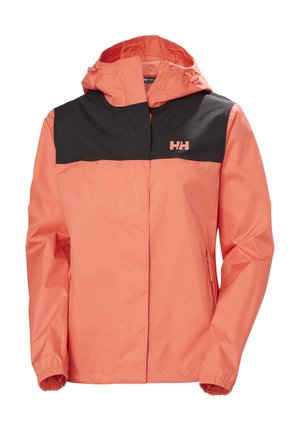 Voděodolná bunda v korálové barvě s černou horní částí, vybavená nastavitelnou kapucí, elastickými manžetami a bočními zipovými kapsami.