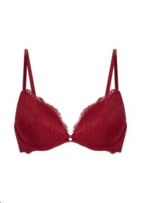 Roter Spitzen-BH mit gepolsterten Körbchen, verstellbaren Trägern und einer kleinen Schleifen-Verzierung in der Mitte. Das Blumenmuster betont das Design.