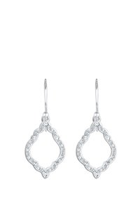 Silberohrringe mit einem dekorativen, schuppenförmigen Design, verziert mit klaren Edelsteinen entlang der Kanten und einem klassischen Hakenverschluss.