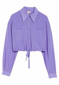 Camicia button-up accorciata in tessuto viola chiaro con maniche lunghe, due tasche sul petto e orlo regolabile con coulisse.