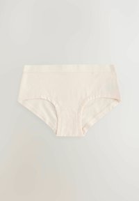 Mutande hipster in cotone di un beige chiaro, dotate di una fascia in vita e aperture delle gambe morbide. Design semplice senza motivi aggiuntivi.