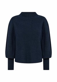 Pull en maille côtelée bleu marine avec un col haut, des manches bouffantes et des poignets ajustés. Fabriqué dans un tissu texturé, présentant une silhouette ample.