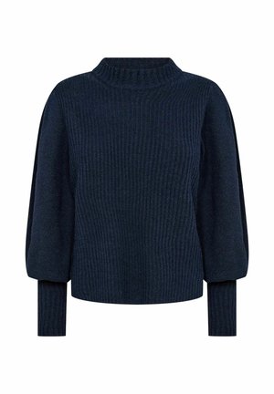 Navy ribbed sweater with a high neck, puffed sleeves, and fitted cuffs. Made from a textured fabric, featuring a boxy silhouette.