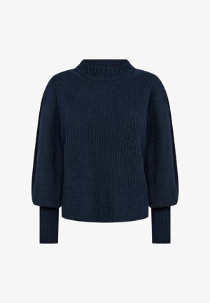 Suéter de canalé en azul marino con cuello alto, mangas abullonadas y puños ajustados. Elaborado con una tela texturizada, presenta una silueta cuadrada.