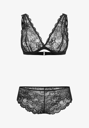 Zwart kanten lingerieset met bloemenpatronen, bestaande uit een bralette met verstelbare bandjes en bijpassende kanten hipster slip.