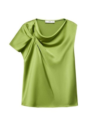 Groene satijnen blouse met een kraag, korte mouwen en een geplooide zijdetail. Gladde textuur met een subtiele glans en een losse, ontspannen pasvorm.