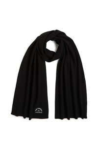 Écharpe noire en matériau doux, présentant une texture lisse et un design en boucle. Comprend un patch logo à une extrémité.