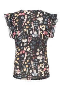 Fekete, rövid ujjú blúz színes virágmintával és fodros ujjakkal, hátulról látható.
