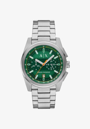 Reloj de acero inoxidable con esfera verde, marcadores de hora blancos, una pantalla de fecha y una aguja de segundos naranja; cuenta con un diseño de pulsera de eslabones.