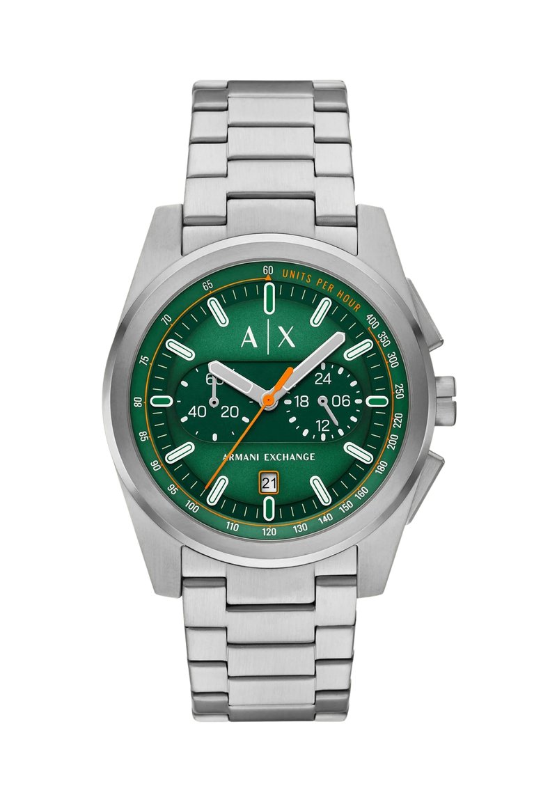 Ura iz nerjavečega jekla z zeleno številčnico, belimi oznakami ur, prikazom datuma in oranžno sekundo; vsebuje oblikovanje zapestnice s povezavami.