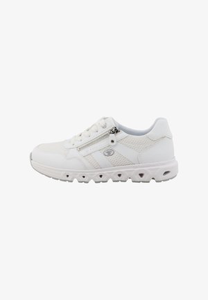 White athletic shoes with a mesh texture, rounded toe, lace and zipper closure, featuring gray accents and a molded rubber sole.