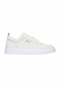 White leather sneaker with a smooth finish, round toe, flat white rubber sole, and subtle MNFLD logo on the side. Minimalist design.