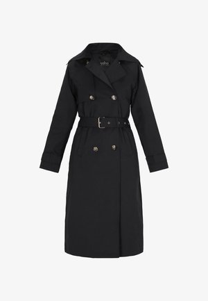 Schwarzer Trenchcoat aus Stoff mit Gürtel, doppelt knöpfbar, Schulterklappen und langen Ärmeln. Glatte Textur.