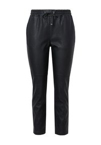 Pantaloni neri in finta pelle con vita elastica, coulisse e design a gamba affusolata. Texture liscia, senza tasche o hardware visibili.