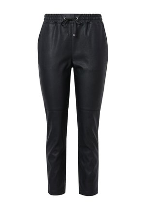 Schwarze Kunstlederhose mit elastischem Bund, Kordelzug und schmalem Beindesign. Glatte Textur, keine sichtbaren Taschen oder Beschläge.