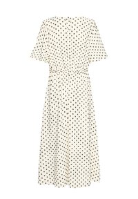 Robe midi crème à pois noirs, manches courtes, dos boutonné et taille cintrée en tissu léger.