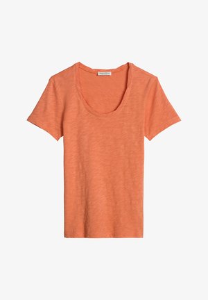 T-shirt femme à manches courtes orange clair, col rond, texture unie et étiquette à l'intérieur du col.