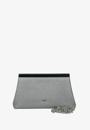 Silberne Glitzertasche mit schwarzem oberen Rand und abnehmbarer silberner Kette, kleines Logodetail in der Mitte vorne.