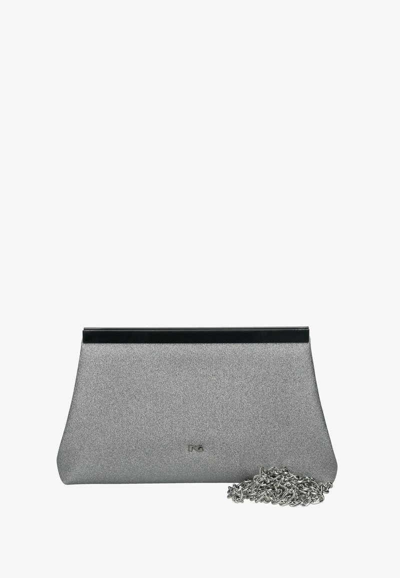 Pochette paillettes argentées avec bordure supérieure noire et chaîne argentée amovible, petit détail logo au centre avant.