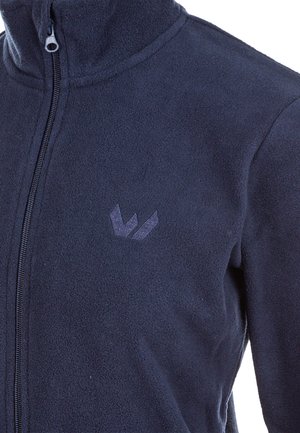 Marinkår fleecejacka med hög krage, hel dragkedja och en subtil logotyp på bröstet. Mjuk textur och enkelt design.