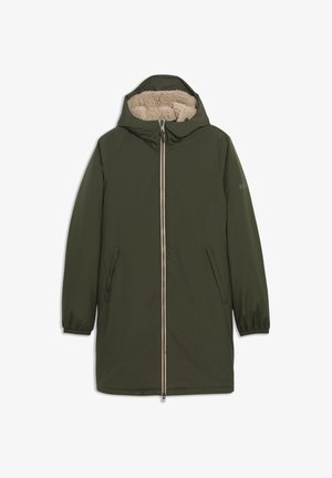 Olive green padded jacket with a zip front, hood, and beige faux fur lining. Features elastic cuffs and two side pockets.
