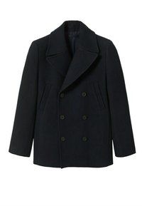 Granatowy wełniany dwurzędowy płaszcz o dużych klapach, z dwoma bocznymi kieszeniami i czarnymi guzikami. Teksturowana tkanina, luźny krój.