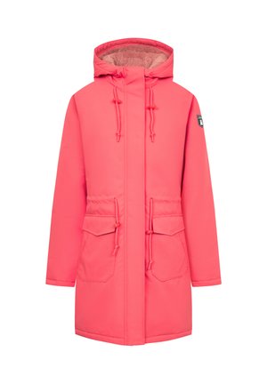Lyserød parka med hætte, der har en blød inderside, to frontlommer med klap og justerbare snore i hætten og i taljen.