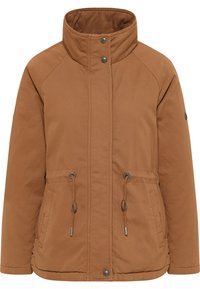 Brun zip-up jakke med høj krave, der har trykknapper, snøre i taljen og sidelommer. Glat stofstruktur.