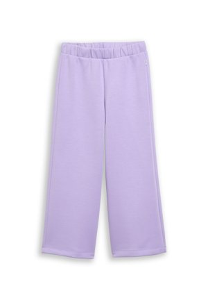 Lichtpaarse broek met wijde pijpen en elastische tailleband, zonder zichtbare zakken of versieringen, getoond op witte achtergrond.