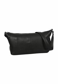 Borsa a tracolla in pelle nera con texture, dotata di tracolla regolabile e chiusura a zip, forma rettangolare e patch del logo del brand al centro anteriore.