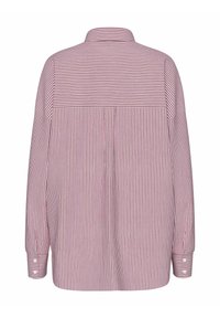 Camicia a maniche lunghe a righe rosse e bianche, con design del colletto, polsini abbottonati, schiena plissè, tessuto dalla texture liscia, taglio dritto.