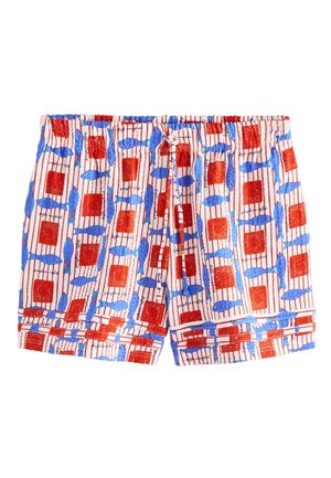 Børneshorts med røde lodrette striber, røde firkanter og blå fiskemønster med elastisk talje og snøre foran.
