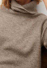 Pull à col roulé beige avec un col côtelé, fabriqué en tissu doux, présentant une coupe ample et une texture subtile.