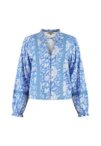Blouse à motif floral bleu avec des manches longues, des poignets froncés, un col en forme de goutte et une garniture décorative le long de l'avant et des manches.