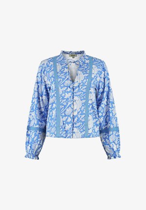 Blaue Bluse mit floralem Muster, langen Ärmeln, gerafften Manschetten, einem Schlüsselloch-Ausschnitt und dekorativem Besatz entlang der Vorderseite und der Ärmel.