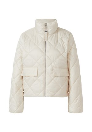 Gequilted witte pufferjack met een hoge kraag, voorkeursrits en twee opgestikte zakken. Heeft een cropped snit en een gladde textuur.