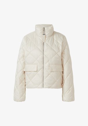 Gequilted witte pufferjack met een hoge kraag, voorkeursrits en twee opgestikte zakken. Heeft een cropped snit en een gladde textuur.