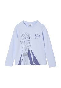 Langärmliges, hellblaues Hemd mit einem Grafikdruck von Elsa aus "Die Eiskönigin", versehen mit grauen und schwarzen Designdetails sowie silbernen Akzenten auf dem Kleid.