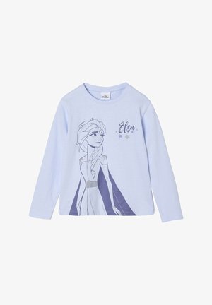 Langärmliges, hellblaues Hemd mit einem Grafikdruck von Elsa aus "Die Eiskönigin", versehen mit grauen und schwarzen Designdetails sowie silbernen Akzenten auf dem Kleid.