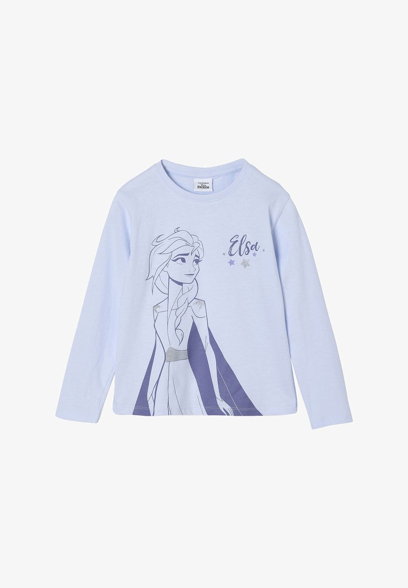 Langärmliges, hellblaues Hemd mit einem Grafikdruck von Elsa aus "Die Eiskönigin", versehen mit grauen und schwarzen Designdetails sowie silbernen Akzenten auf dem Kleid.